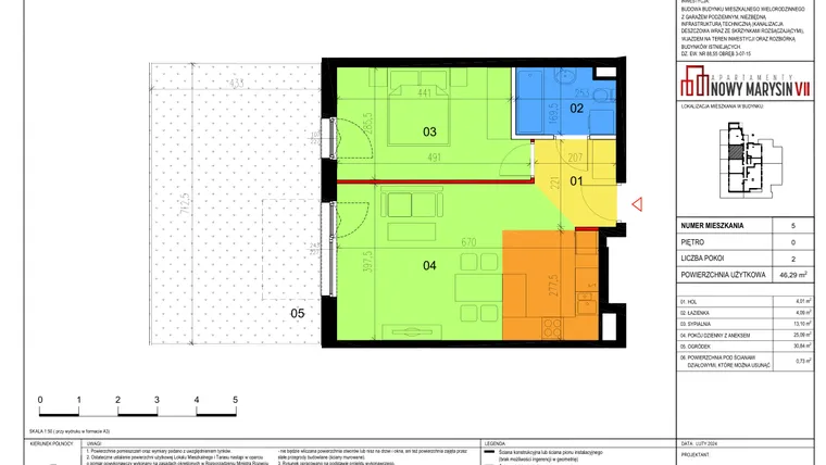 Rzut - Mieszkanie na sprzedaż 2 pokoje o powierzchni 46,29 m² - numer 5 w Apartamenty Nowy Marysin VII