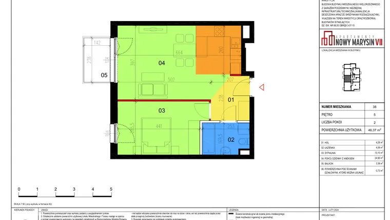 Rzut - Mieszkanie na sprzedaż 2 pokoje o powierzchni 46,37 m² - numer 38 w Apartamenty Nowy Marysin VII