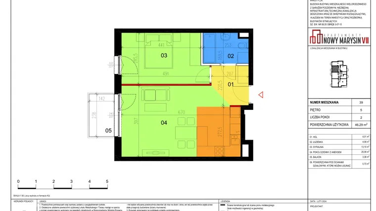 Rzut - Mieszkanie na sprzedaż 2 pokoje o powierzchni 46,29 m² - numer 39 w Apartamenty Nowy Marysin VII