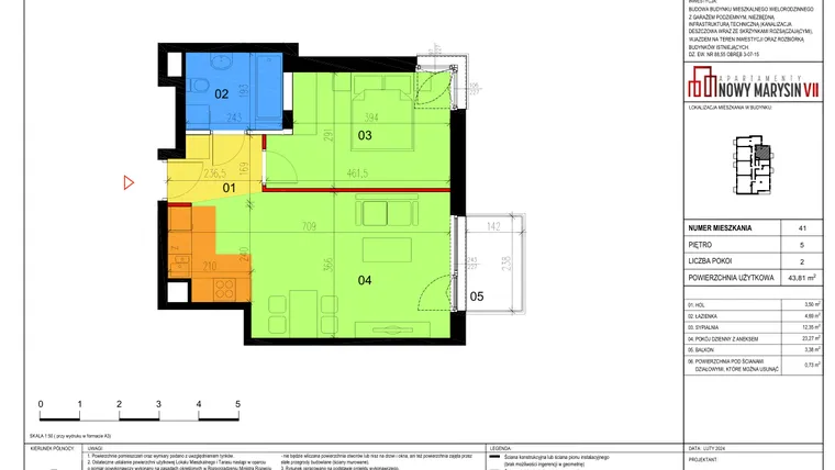 Rzut - Mieszkanie na sprzedaż 2 pokoje o powierzchni 43,81 m² - numer 41 w Apartamenty Nowy Marysin VII