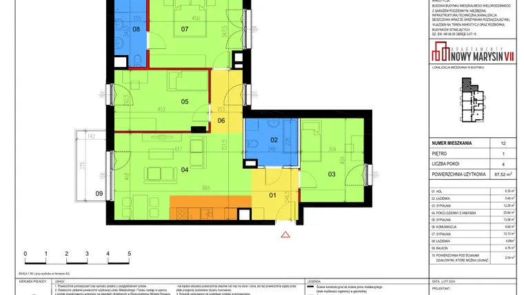 Rzut - Mieszkanie na sprzedaż 4 pokoje o powierzchni 87,52 m² - numer 12 w Apartamenty Nowy Marysin VII