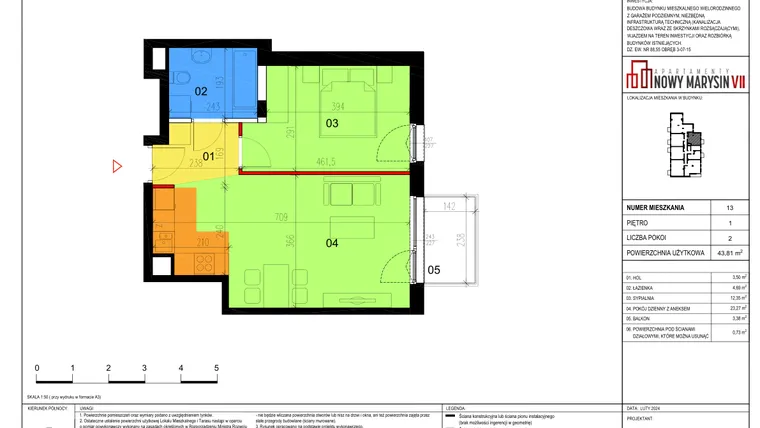 Rzut - Mieszkanie na sprzedaż 2 pokoje o powierzchni 43,81 m² - numer 13 w Apartamenty Nowy Marysin VII