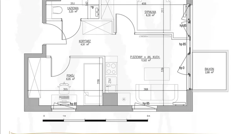 Rzut - Mieszkanie na sprzedaż 3 pokoje o powierzchni 37,13 m² - numer B1.M41 w Tres