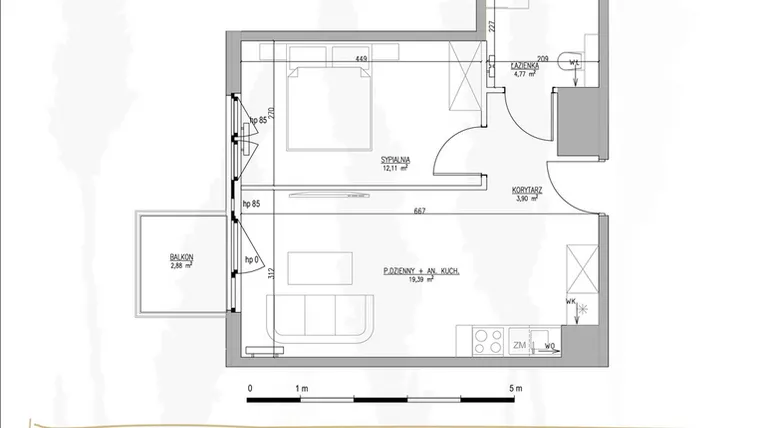 Rzut - Mieszkanie na sprzedaż 2 pokoje o powierzchni 40,17 m² - numer B1.M44 w Tres