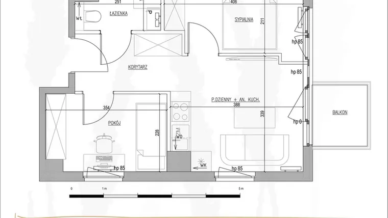 Rzut - Mieszkanie na sprzedaż 3 pokoje o powierzchni 37,13 m² - numer B1.M19 w Tres