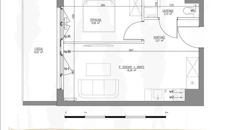 Rzut - Mieszkanie na sprzedaż 2 pokoje o powierzchni 34,37 m² - numer B1.M34 w Tres