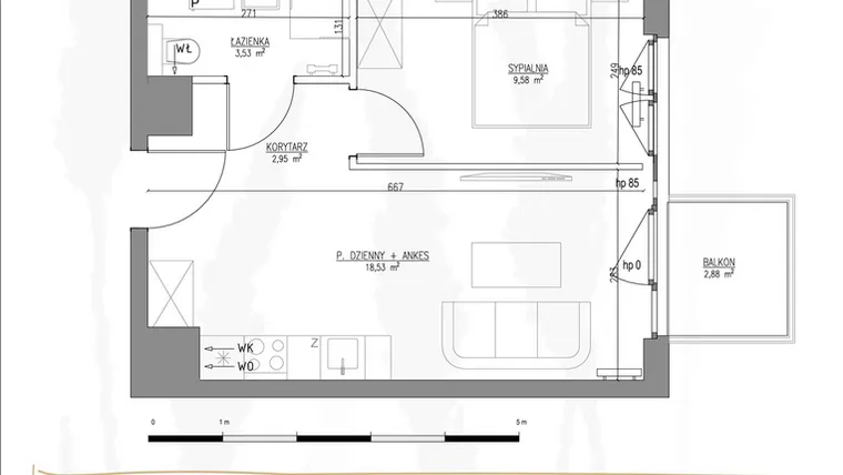 Rzut - Mieszkanie na sprzedaż 2 pokoje o powierzchni 34,59 m² - numer B1.M38 w Tres