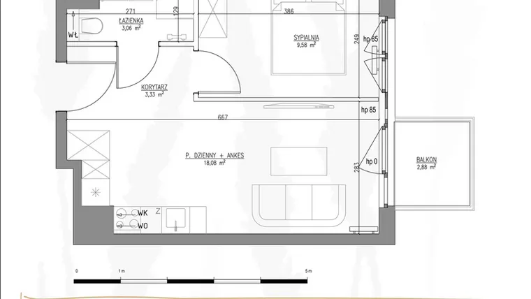 Rzut - Mieszkanie na sprzedaż 2 pokoje o powierzchni 34,05 m² - numer B1.M39 w Tres