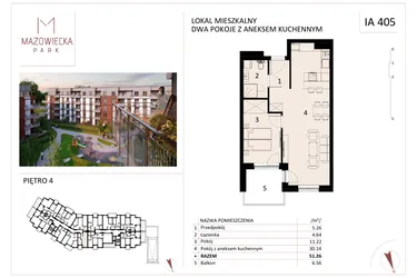 Rzut - Mieszkanie na sprzedaż 2 pokoje o powierzchni 50,95 m² - numer IA405 w Mazowiecka Park - budynek I