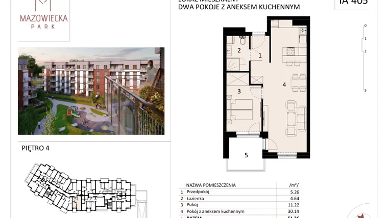 Rzut - Mieszkanie na sprzedaż 2 pokoje o powierzchni 50,95 m² - numer IA405 w Mazowiecka Park - budynek I