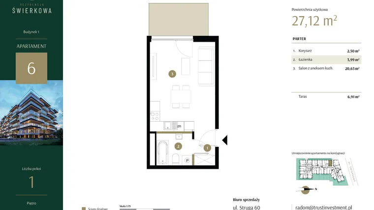 Rzut - Mieszkanie na sprzedaż 1 pokój o powierzchni 27,12 m² - numer 6 w Rezydencja Świerkowa