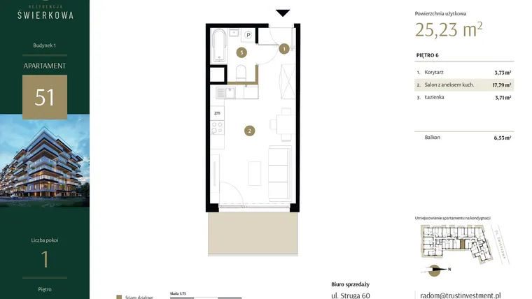 Rzut - Mieszkanie na sprzedaż 1 pokój o powierzchni 25,23 m² - numer 51 w Rezydencja Świerkowa