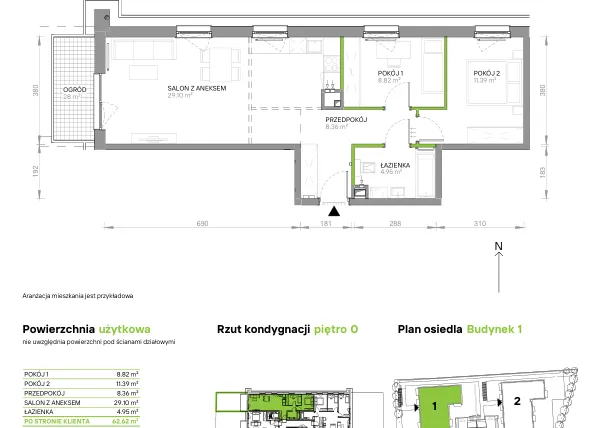 Rzut - Mieszkanie na sprzedaż 3 pokoje o powierzchni 62,62 m² - numer III.0/1/7 w Via Flora