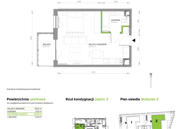 Rzut - Mieszkanie na sprzedaż 1 pokój o powierzchni 32,49 m² - numer III.3/2/34 w Via Flora