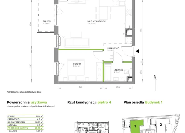 Rzut - Mieszkanie na sprzedaż 2 pokoje o powierzchni 48,23 m² - numer III.4/1/37 w Via Flora