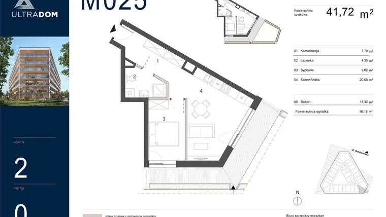 Rzut - Mieszkanie na sprzedaż 2 pokoje o powierzchni 41,72 m² - numer M025 w Ultradom