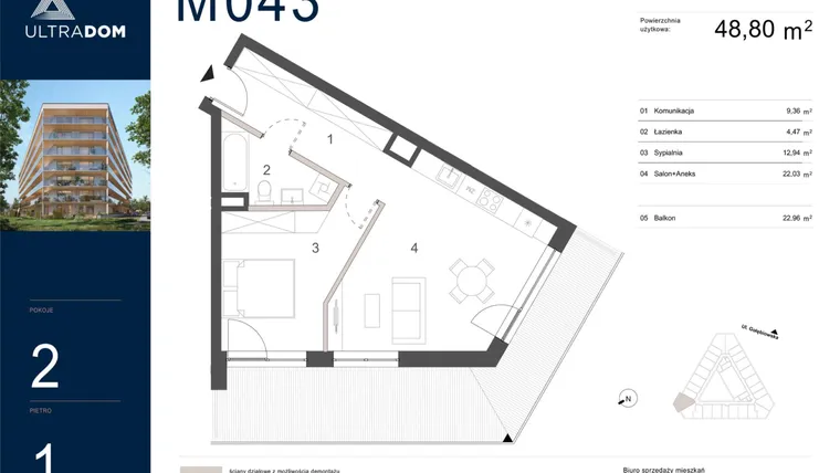 Rzut - Mieszkanie na sprzedaż 2 pokoje o powierzchni 48,8 m² - numer M043 w Ultradom