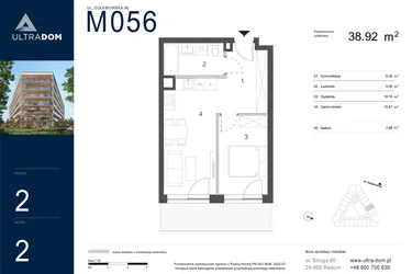 Rzut - Mieszkanie na sprzedaż 2 pokoje o powierzchni 38,92 m² - numer M056 w Ultradom