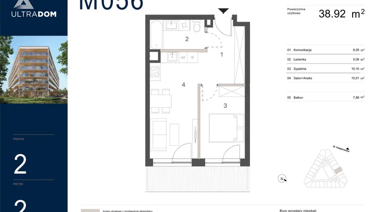 Rzut - Mieszkanie na sprzedaż 2 pokoje o powierzchni 38,92 m² - numer M056 w Ultradom