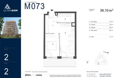 Rzut - Mieszkanie na sprzedaż 2 pokoje o powierzchni 39,1 m² - numer M073 w Ultradom
