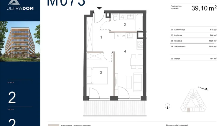 Rzut - Mieszkanie na sprzedaż 2 pokoje o powierzchni 39,1 m² - numer M073 w Ultradom