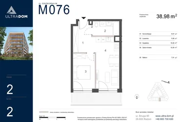 Rzut - Mieszkanie na sprzedaż 2 pokoje o powierzchni 38,98 m² - numer M076 w Ultradom