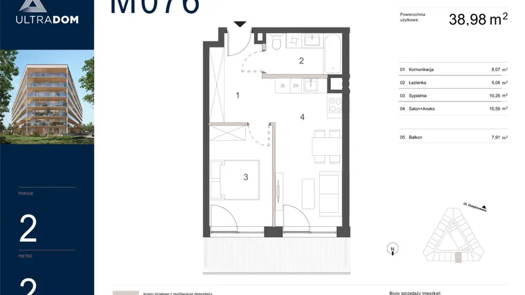 Rzut - Mieszkanie na sprzedaż 2 pokoje o powierzchni 38,98 m² - numer M076 w Ultradom