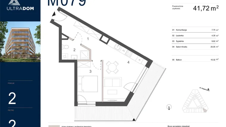 Rzut - Mieszkanie na sprzedaż 2 pokoje o powierzchni 41,72 m² - numer M079 w Ultradom