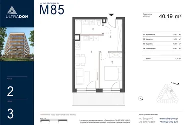 Rzut - Mieszkanie na sprzedaż 2 pokoje o powierzchni 40,19 m² - numer M085 w Ultradom