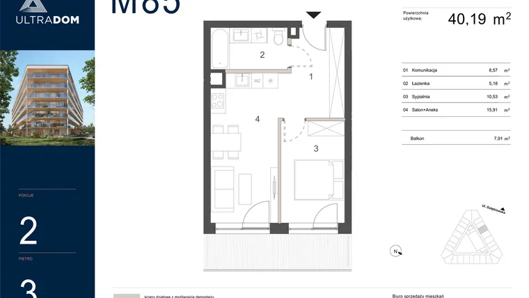 Rzut - Mieszkanie na sprzedaż 2 pokoje o powierzchni 40,19 m² - numer M085 w Ultradom