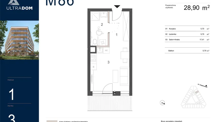 Rzut - Mieszkanie na sprzedaż 1 pokój o powierzchni 28,9 m² - numer M086 w Ultradom