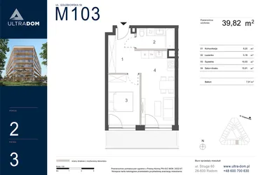 Rzut - Mieszkanie na sprzedaż 2 pokoje o powierzchni 39,82 m² - numer M103 w Ultradom
