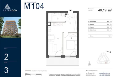 Rzut - Mieszkanie na sprzedaż 2 pokoje o powierzchni 40,19 m² - numer M104 w Ultradom
