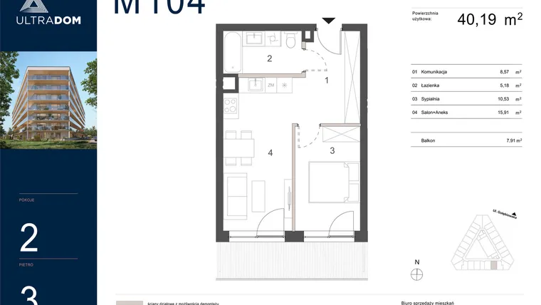 Rzut - Mieszkanie na sprzedaż 2 pokoje o powierzchni 40,19 m² - numer M104 w Ultradom