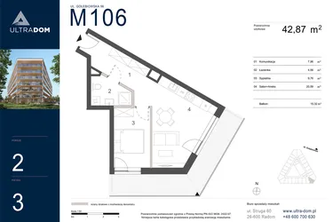 Rzut - Mieszkanie na sprzedaż 2 pokoje o powierzchni 42,87 m² - numer M106 w Ultradom