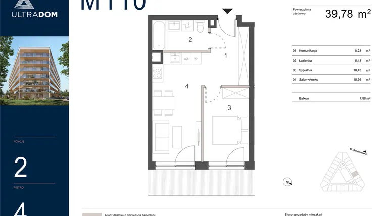 Rzut - Mieszkanie na sprzedaż 2 pokoje o powierzchni 39,78 m² - numer M110 w Ultradom