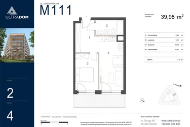 Rzut - Mieszkanie na sprzedaż 2 pokoje o powierzchni 39,98 m² - numer M111 w Ultradom