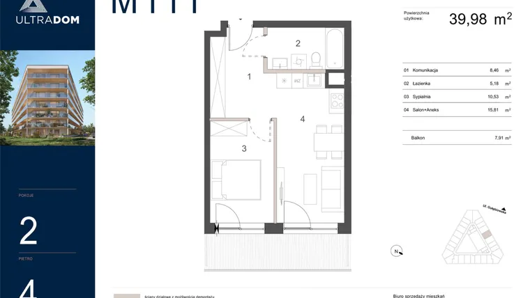 Rzut - Mieszkanie na sprzedaż 2 pokoje o powierzchni 39,98 m² - numer M111 w Ultradom