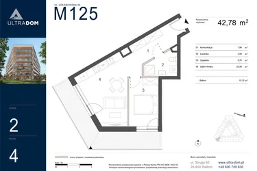 Rzut - Mieszkanie na sprzedaż 2 pokoje o powierzchni 42,78 m² - numer M125 w Ultradom