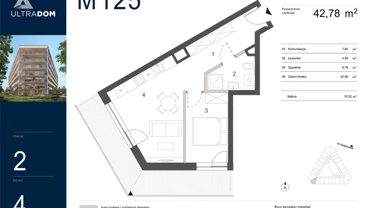 Rzut - Mieszkanie na sprzedaż 2 pokoje o powierzchni 42,78 m² - numer M125 w Ultradom