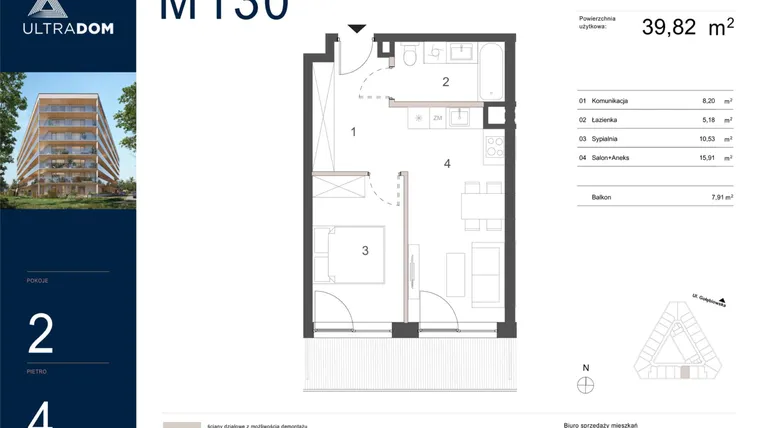 Rzut - Mieszkanie na sprzedaż 2 pokoje o powierzchni 39,82 m² - numer M130 w Ultradom