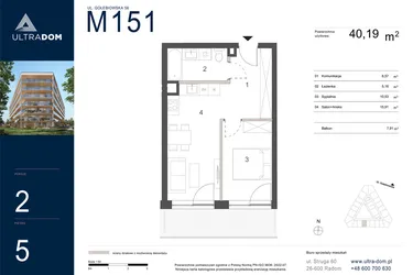 Rzut - Mieszkanie na sprzedaż 2 pokoje o powierzchni 40,19 m² - numer M151 w Ultradom