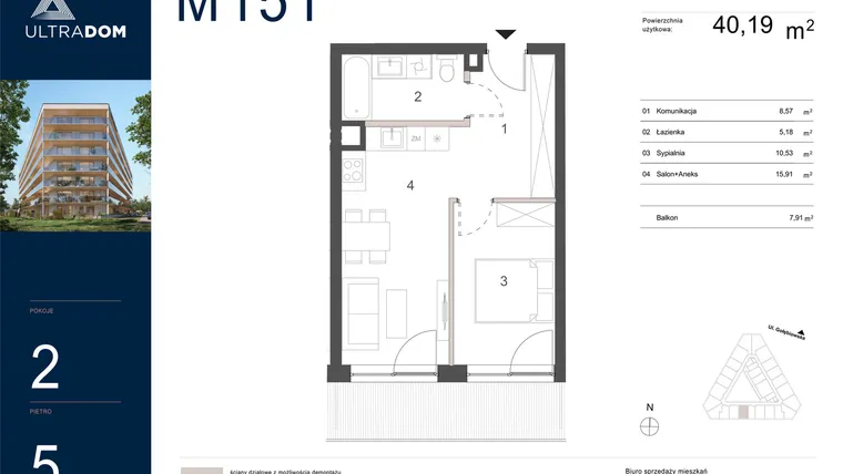 Rzut - Mieszkanie na sprzedaż 2 pokoje o powierzchni 40,19 m² - numer M151 w Ultradom