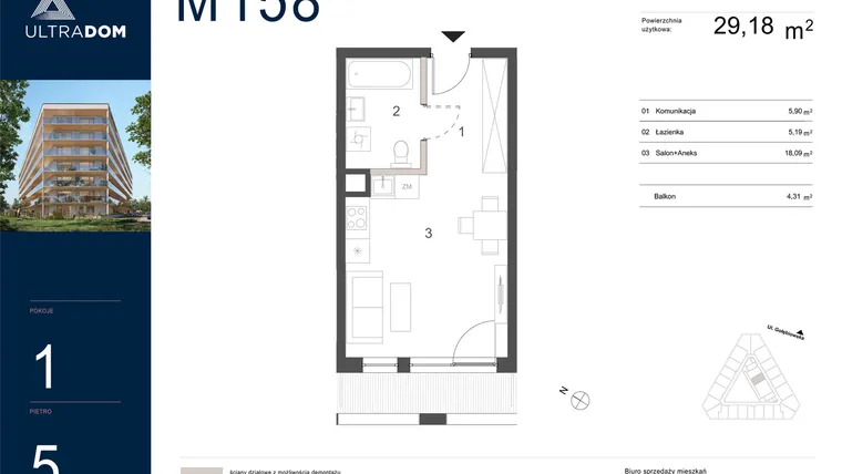 Rzut - Mieszkanie na sprzedaż 1 pokój o powierzchni 29,18 m² - numer M158 w Ultradom