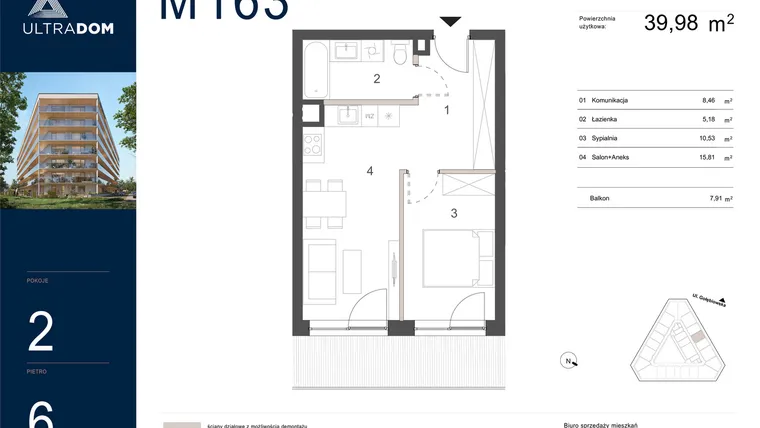 Rzut - Mieszkanie na sprzedaż 2 pokoje o powierzchni 39,98 m² - numer M163 w Ultradom