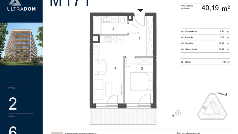Rzut - Mieszkanie na sprzedaż 2 pokoje o powierzchni 40,19 m² - numer M171 w Ultradom