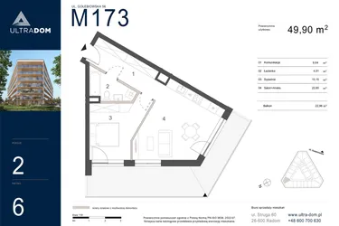 Rzut - Mieszkanie na sprzedaż 2 pokoje o powierzchni 49,9 m² - numer M173 w Ultradom