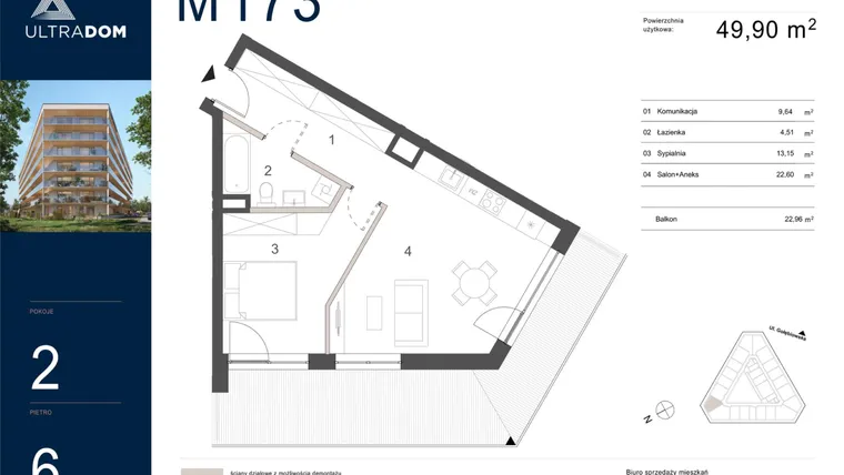Rzut - Mieszkanie na sprzedaż 2 pokoje o powierzchni 49,9 m² - numer M173 w Ultradom