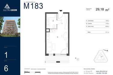 Rzut - Mieszkanie na sprzedaż 1 pokój o powierzchni 29,18 m² - numer M183 w Ultradom