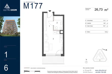 Rzut - Mieszkanie na sprzedaż 1 pokój o powierzchni 26,73 m² - numer M177 w Ultradom